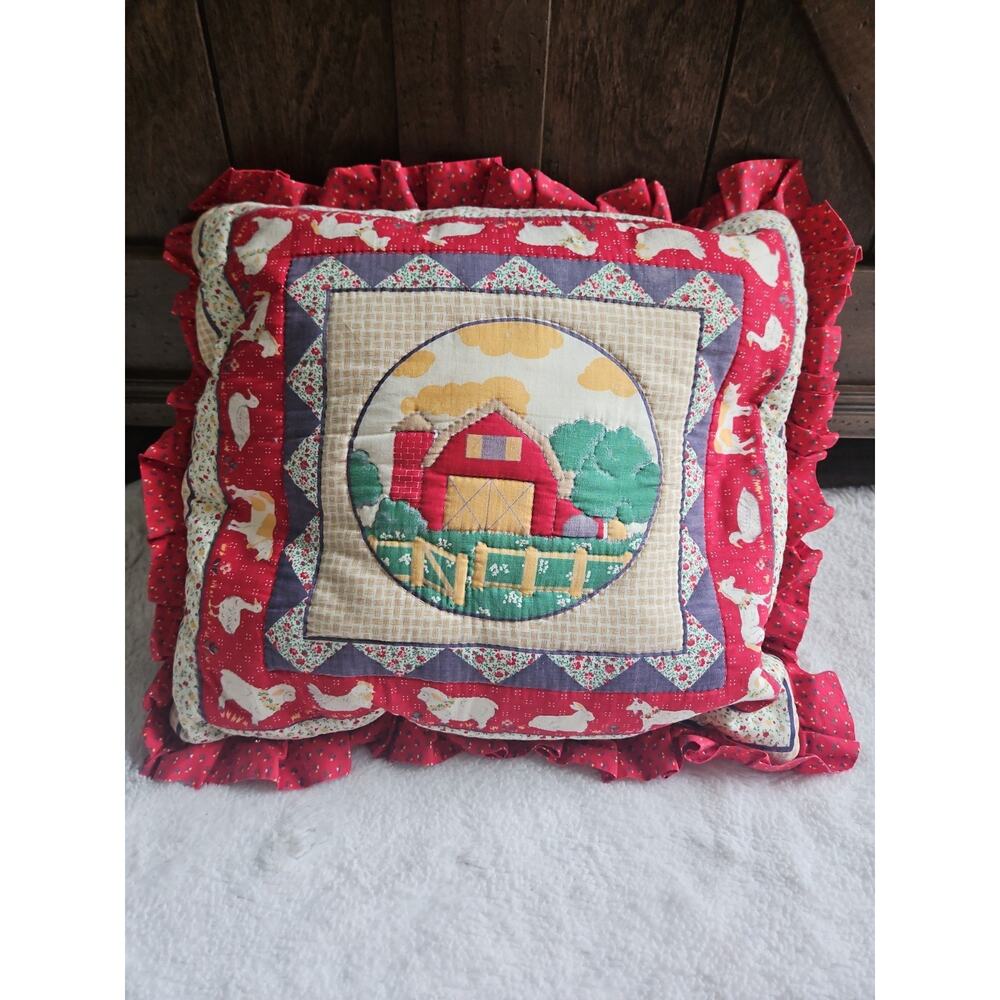 Vintage Farmhouse Throw Pillow Barn Scene Ruffle Quilt Country Decor 20”